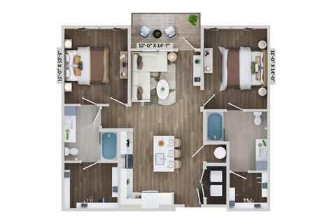 Floor plan for 2 beds, 2 baths, 1119 sqft